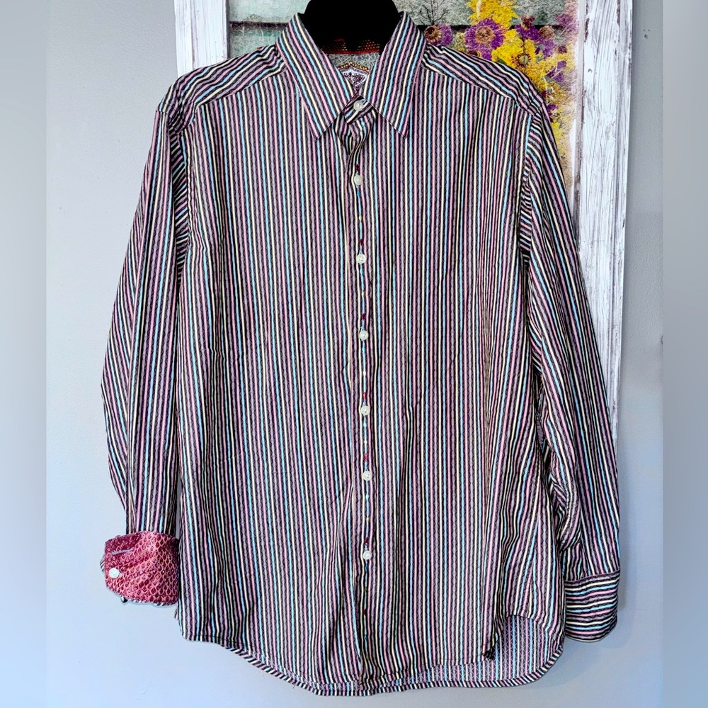 Trendy Robert Graham Sz M Striped Flip Cuff Button Shirt Multicolor Cotton